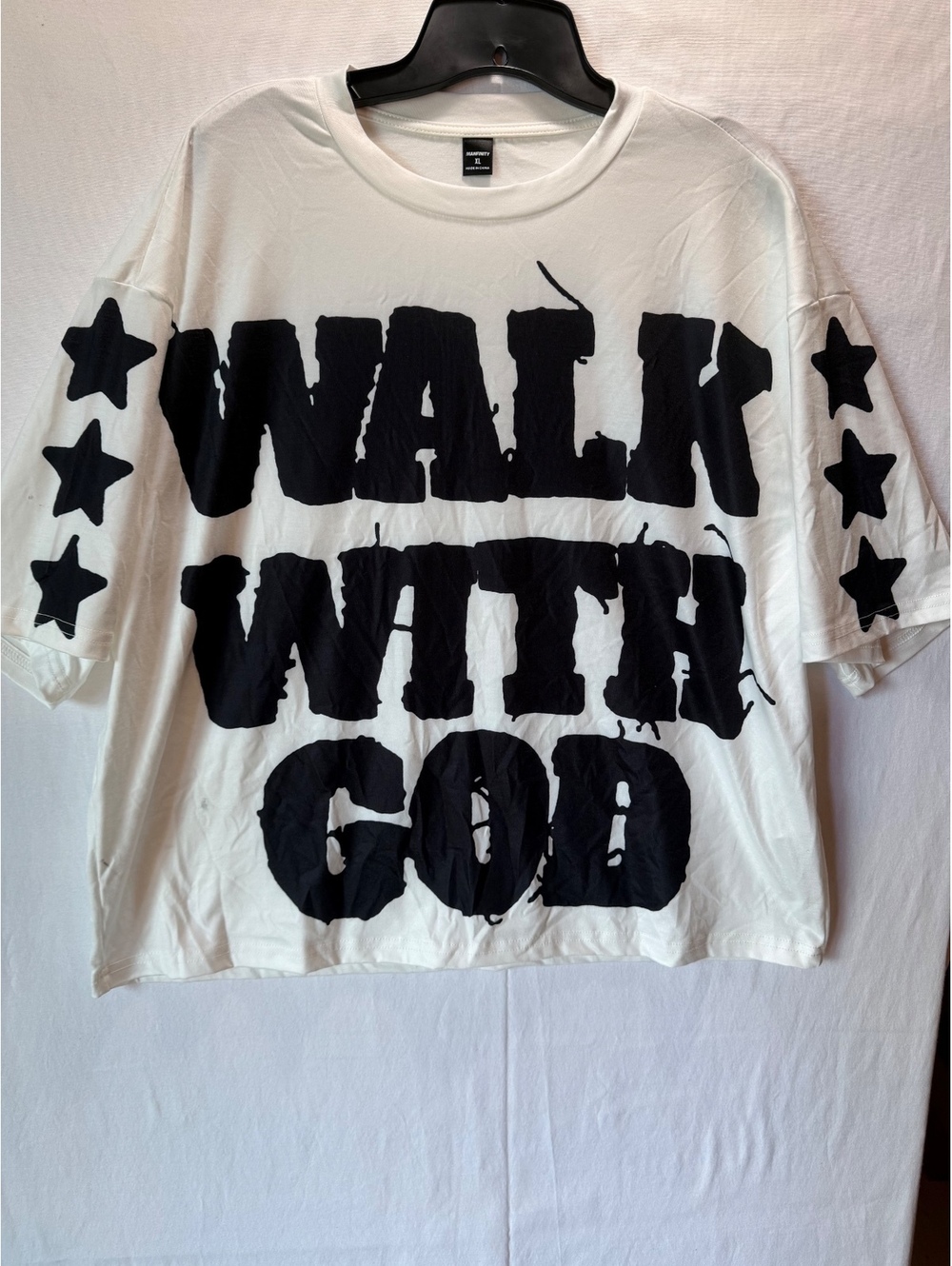 MANFINITY XL White Graphic T-Shirt with Black Stars and Walk With God Print